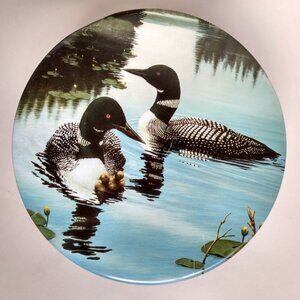 Vintage 1984 Loons Birds of Distinction Tin Box w Lid Trinket 6 3/4" Round Art
